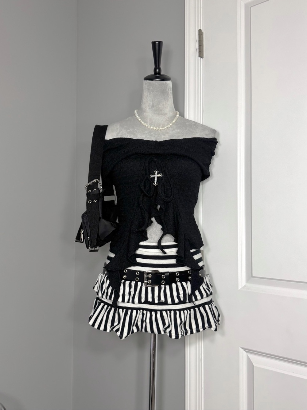 Rhinestone Cross Pendant Off The Shoulder Black Crop Top with Front Ruffle Trim